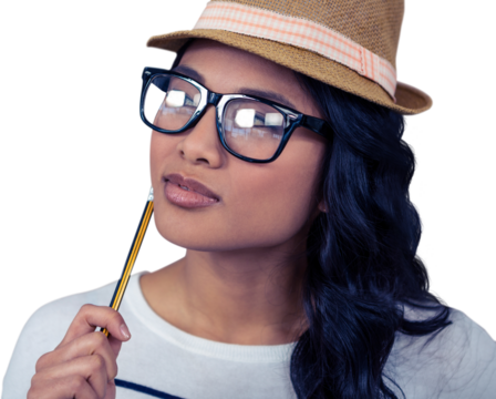Attractive Asian woman with hat holding pencil - Powered by Adobe