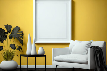 Modern yellow living room with empty blank picture frame mockup in scandinavian style. Generative AI interior concept