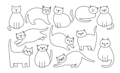 Cats cute simple linear set. Kitty purebred with different poses and emotions cartoon outline collection. Sketch drawn cats sleeping, stretching and playing. Kitten characters pet animals isolated
