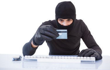 Burglar doing online shopping with laptop and credit card