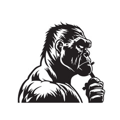 Cool smoking gorilla mascot holding cigarette. Black white line art tattoo vector illustration