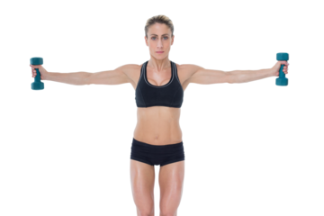 Female bodybuilder holding two dumbbells with arms out