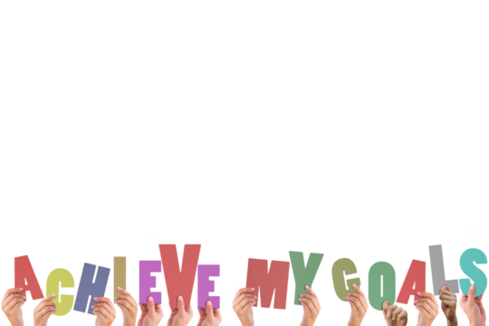 Cropped hands holding colorful words achieve my goals 