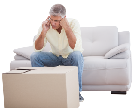 Man talking on phone while sitting on sofa - Powered by Adobe