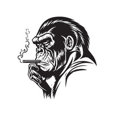 Cool smoking gorilla mascot holding cigarette. Black white line art tattoo vector illustration © stylusstudio