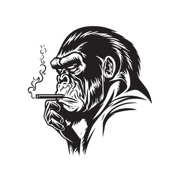 Cool smoking gorilla mascot holding cigarette. Black white line art tattoo vector illustration