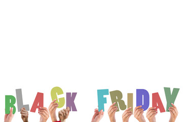 Colorful alphabet spelling Black Friday held up by people 