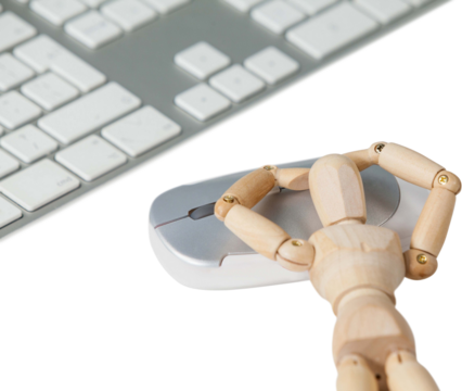 3d image of wooden figurine lying on computer mouse by keyboard 