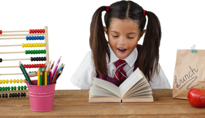 Schoolgirl reading book at desk