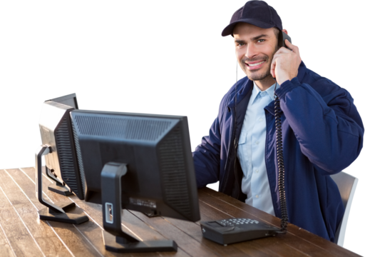 Portrait of happy security officer talking on phone at desk - Powered by Adobe