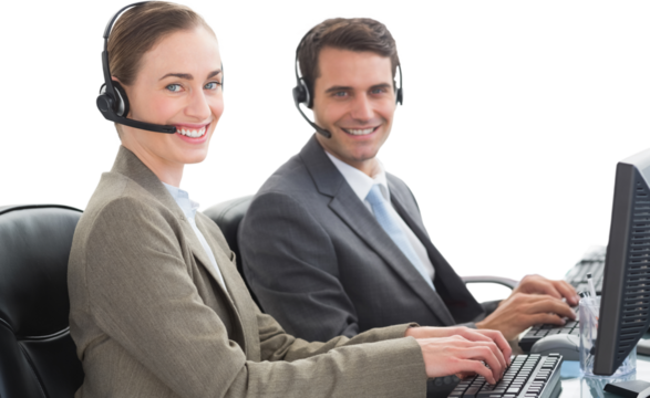 Business people with headsets using computers 