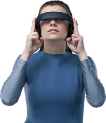 Low angle view of woman experiencing virtual reality simulator