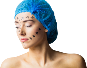 Peaceful young patient with dotted lines on the face