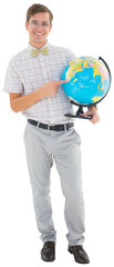 Geeky hipster holding a globe smiling at camera
