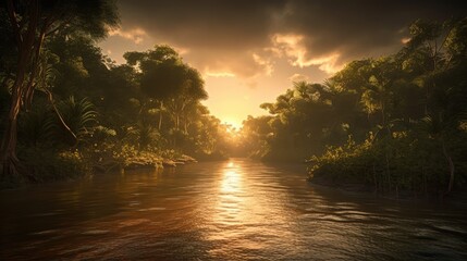 Tropical jungle landscape with Amazon jungle river at sunset. Created with Generative AI.