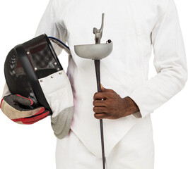 Mid-section of man standing with fencing mask and sword