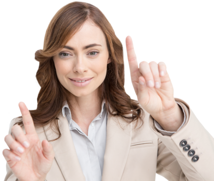 Classy businesswoman touching invisible screen - Powered by Adobe