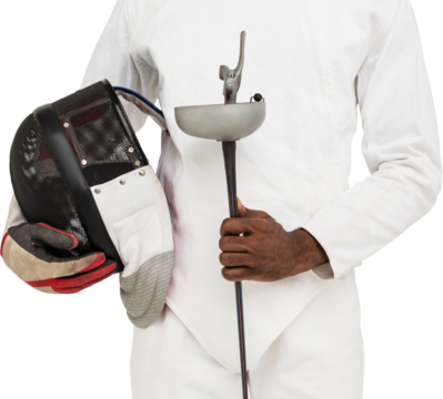 Mid-section of man standing with fencing mask and sword