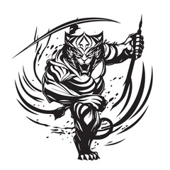 Angry face mascot tiger holding spear sword weapon. black white line art vector illustration