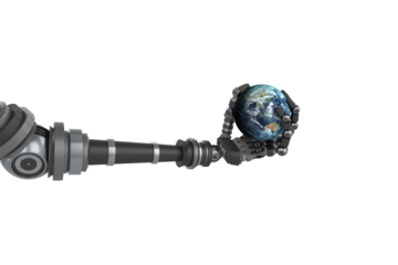 Digitally generated image of black robot hand holding earth