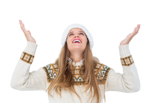 Smiling hipster looking above her head 