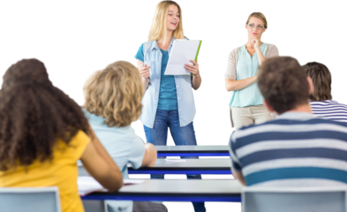 Student explaining notes besides teacher in class