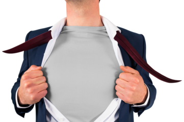 Businessman opening shirt in superhero style