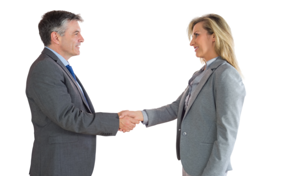 Pleased businessman shaking the hand of content businesswoman