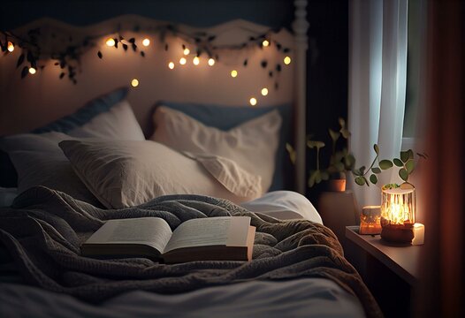 Cozy bedroom at night with open book, pillow and blurred garland lights. Reading in bed indoor background. AI generative image. Generative AI