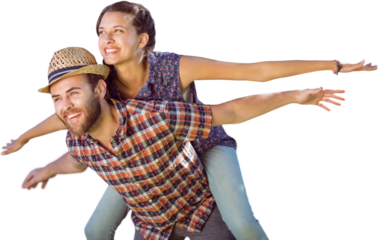 Man piggybacking woman with arms outstretched