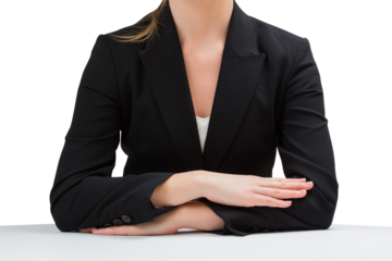 Businesswoman sitting at desk with arms crossed