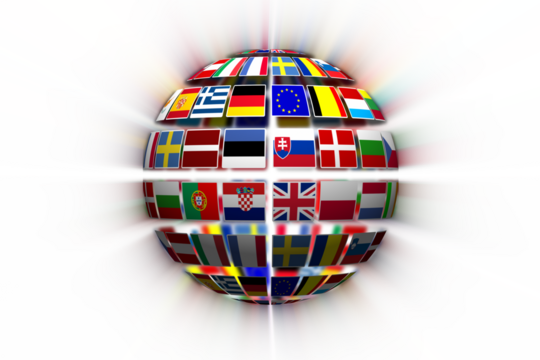 Globe with various national flags - Powered by Adobe