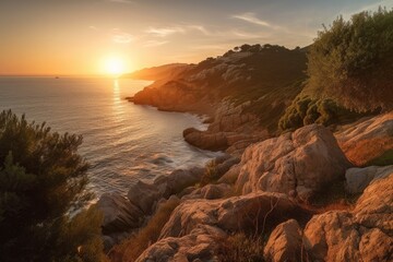 Lovely dawn over the Mediterranean Sea (Punta Montgo, Escala, Catalonia, Spain). Generative AI