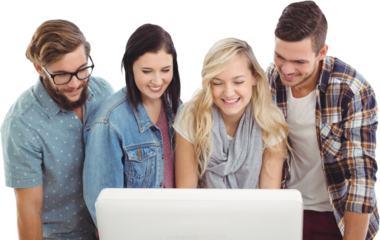 Smiling business people working at computer desk 