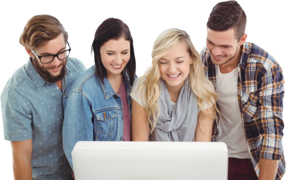 Smiling business people working at computer desk 