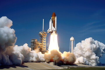 大量の煙と炎とともに打ち上げられるスペースシャトル。ロケット発射の瞬間 - obrazy, fototapety, plakaty