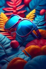 Sunglasses product on exotic leafs and flowers background in pastel colors. Generative AI