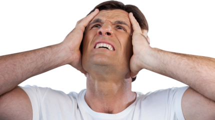 Man with head in hands looking up