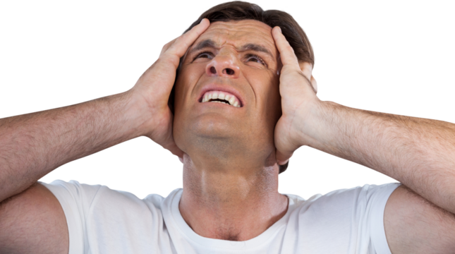 Man with head in hands looking up