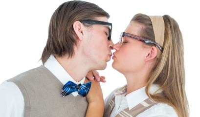 Geeky hipster couple kissing
