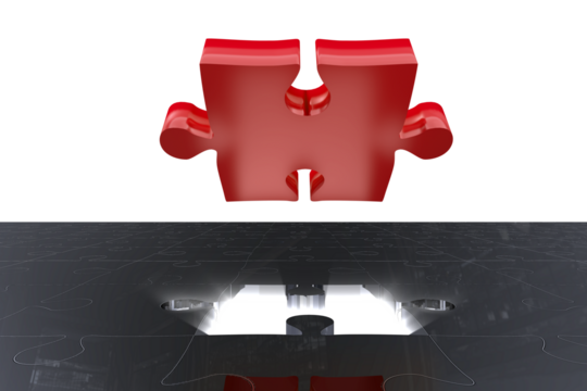 Red jigsaw piece over puzzle