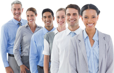 Happy business people looking at camera in a row 