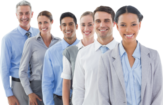 Happy business people looking at camera in a row 