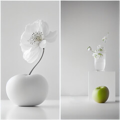 two vases with flowers in them and an apple on the table next to one that has been taken out. Generative AI
