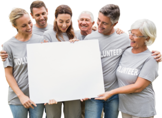 Happy volunteer family holding a blank