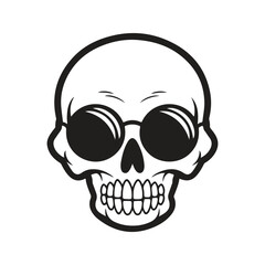 skull wearing sunglasses, logo concept black and white color, hand drawn illustration