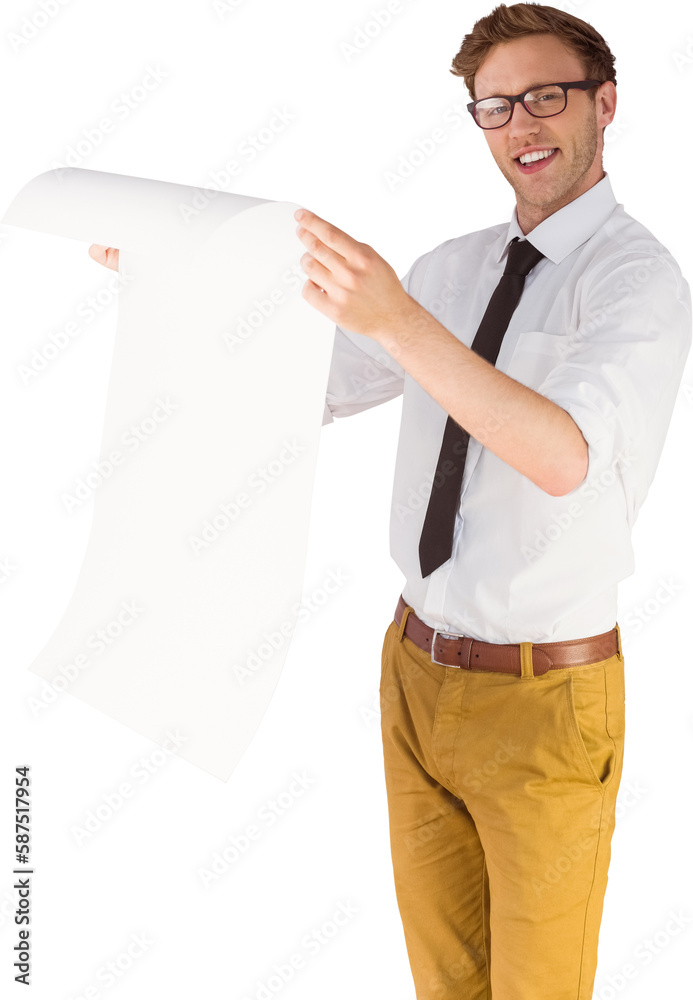 Poster Geeky businessman reading large page