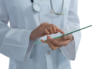 Mid section of female doctor using a glass digital tablet