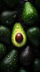 Avocado seamless background with water drops, top view, flat lay. Generative AI