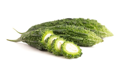 A Green Bitter Gourd Melon Isolated on a White Background
